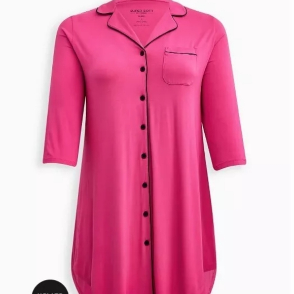 Torrid Pink Button Sleep Gown Nightshirt W/Pocket Black Trim Size 1 - Picture 4 of 5